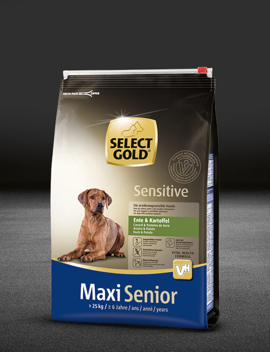 select gold sensitive maxi senior ente und kartoffel beutel trocken 530x890px