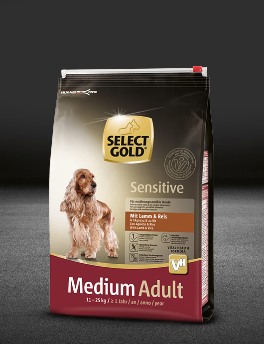 select gold sensitive medium adult lamm und reis beutel trocken 530x890px