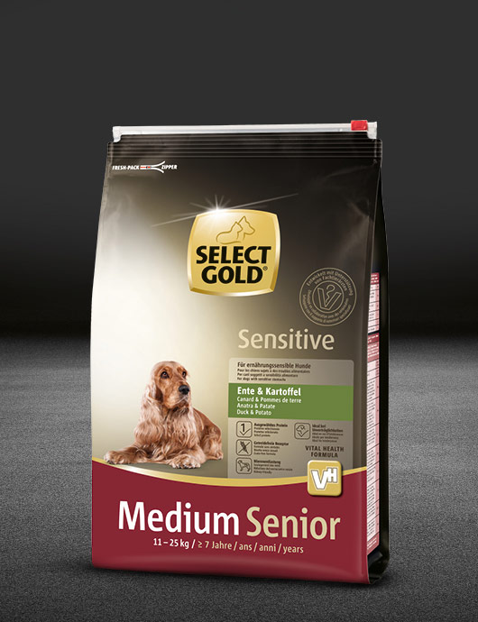 select gold sensitive medium senior ente und kartoffel beutel trocken 530x890px