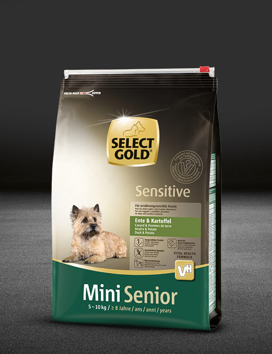 select gold sensitive mini senior ente und kartoffel beutel trocken 530x890px