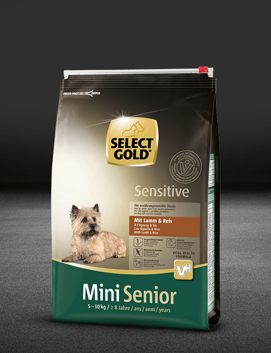 select gold sensitive mini senior mit lamm und reis beutel trocken 530x890px