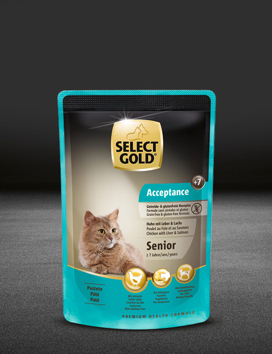 select gold acceptance senior huhn mit leber und lachs pouch nass 530x890px